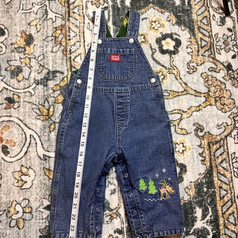 Vtg Old Navy Overalls Holiday Reindeer‎ Embroidered Lined Denim Baby 6-12 Months